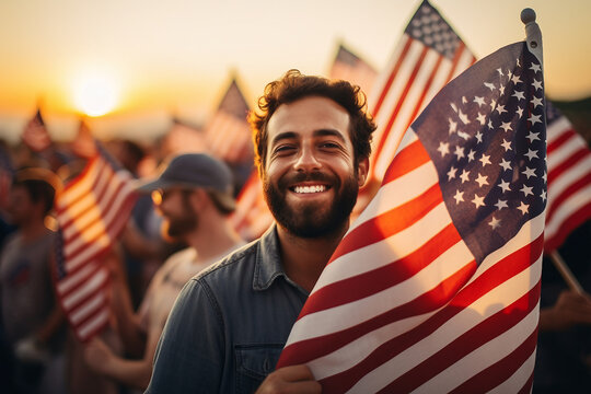 Happy american people citizens celebration national flag day, Generative AI photo image over usa stripes stars