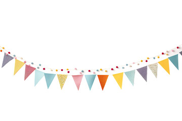 Colorful Decorative Bunting With Pom Poms Displayed for a Joyful Celebration in a Bright Room on White or PNG Transparent Background.