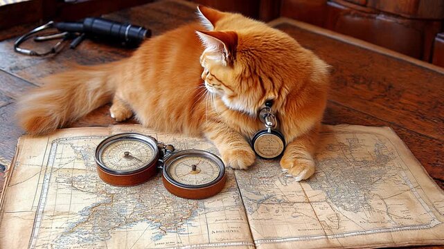 A cat is laying on a map with two compasses on it. The cat is looking at the compasses and seems to be curious about them
