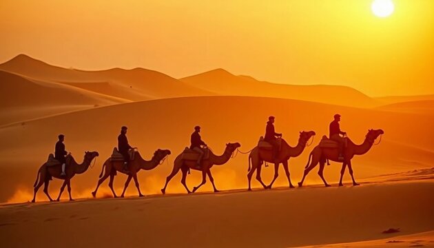 Herds of camels moving symmetrically across the desert dunes at sunset.