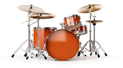 A captivating and ultra-detailed illustration of a light brown drum set with cymbals, showcasing impeccable realism and artistry against a pristine white backdrop during the evening hours