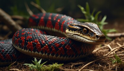 Fototapeta premium Vibrant Red-Patterned Snake Close-Up