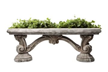 Elegant Stone Bench Adorned With Lush Green Ivy Foliage in Serene Outdoor Garden Setting on White or PNG Transparent Background.