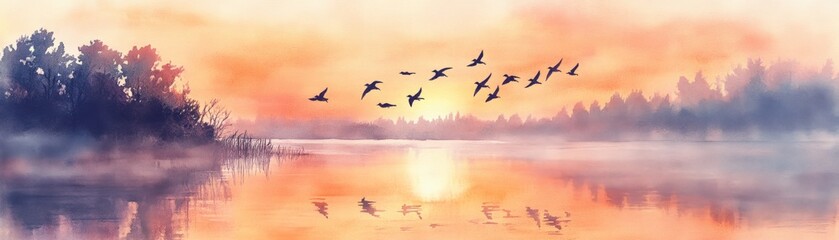 Fototapeta premium A picturesque serene lake at sunrise with birds in flight, a stunning landscape showcasing nature's tranquility and beauty reflected on water.
