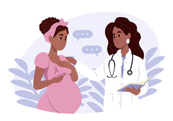 Breast cancer awareness concept. Pregnant woman with pink ribbon. Vector illustration.