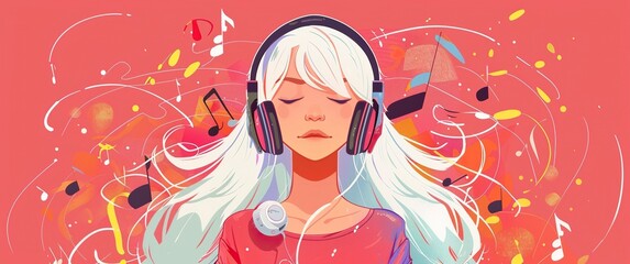 White haired girl with headphones, flat style, illustration style, Memphis, lots of musical elements in the background,generative ai