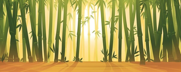 Obraz premium Tranquil bamboo forest scene at sunrise with light filtering through tall green stalks, creating a serene and peaceful atmosphere.