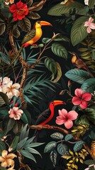 Colorful birds perch among vivid tropical flowers and lush greenery under bright sunlight