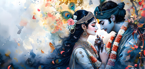 Watercolor painting of Radha Krishna love peacock feathers flowers romantic art traditional n culture hindu religious god goddess love story divine couple