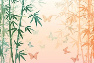 Fototapeta premium Beautiful bamboo forest with colorful butterflies, soft pastel background, perfect for nature-themed designs and backgrounds.