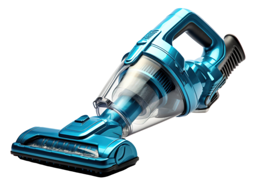 Innovative Handheld Vacuum Cleaner In Vibrant Blue Displayed Against A White Background on White or PNG Transparent Background.