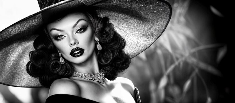 Retro woman. Vintage 1920s girl. Hollywood roaring 20s flapper actress. Fashion model with party makeup, dress, hat, jewellery. Movie star portrait. Glamour beauty Halloween witch. Retro vintage girl