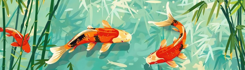 Colorful Koi fish swimming gracefully in a tranquil pond surrounded by lush green reeds, depicted in a high-quality illustration.