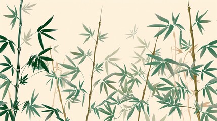 Fototapeta premium Elegant bamboo leaves and stems on a light background, creating a serene and natural atmosphere, perfect for prints and decor.