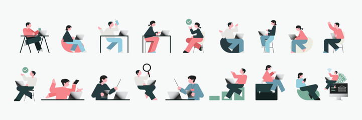 Illustration set of isolated people with computers at workplace virtual video conference call and meeting. Diverse men and women with laptops at remote work online business
