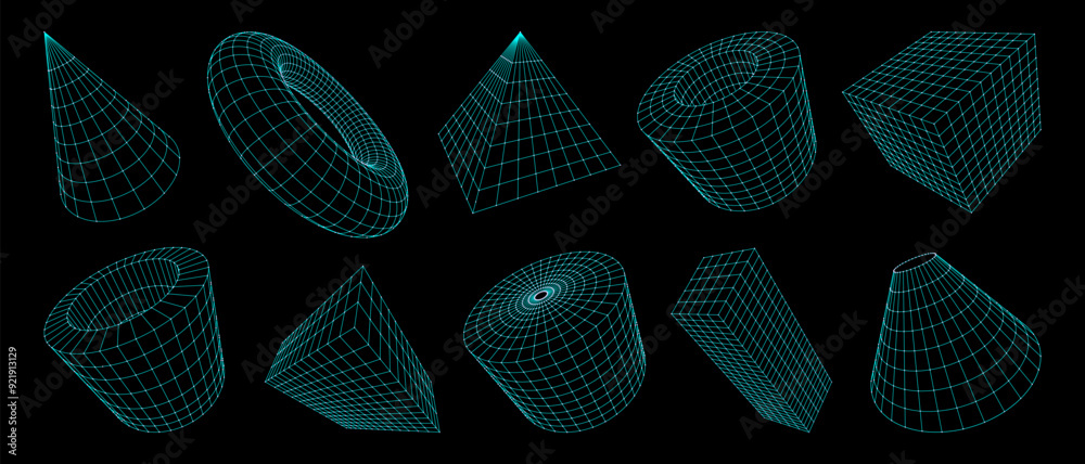 Aufkleber 3d grid shapes, wireframe geometric figures. Vector set of three-dimensional futuristic forms such as cones, spheres, pyramids, cubes, cylinders or torus and abstract twisted digital meshed structures