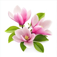 Obraz premium Close up of Beautiful pink spring magnolia flowers with leaves on an isolated white background