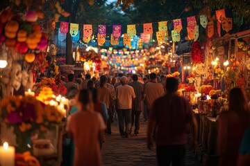 Mexican people in the streets of the city during the celebration of the day of the dead, concept of national holidays, day of the dead and traditional values