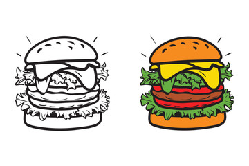 Delicious Burger Coloring Page for Young Artists - Hamburger Cheeseburger Coloring Book for Adults, Teens, and Kids