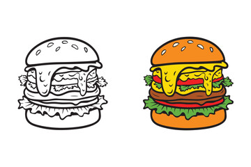 Delicious Burger Coloring Page for Young Artists - Hamburger Cheeseburger Coloring Book for Adults, Teens, and Kids