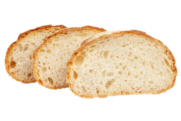 loaf of fresh baked bread with sliced pieces isolated on white background