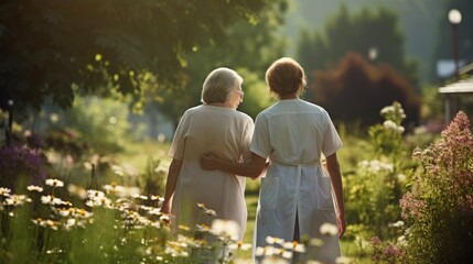 Fototapeta premium Nurse walking with an elderly woman in a beautiful garden, providing support by placing her arm around the woman shoulder,generative ai