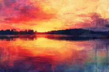 A stunning watercolor painting of a vibrant sunset over a tranquil lake, with colorful reflections on the water and a serene atmosphere.
