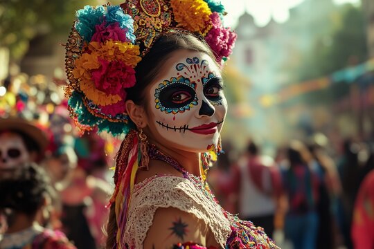 Mexican woman with painted face in the streets of the city during the celebration of the day of the dead, concept of national holidays, day of the dead and traditional values