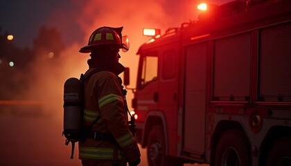 Portrait of a firefighter at the scene next to a fire truck.