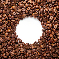 Coffee Beans Background with White Circle Space in the Center for Text