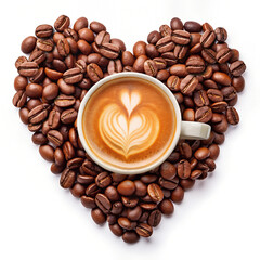 Heart Made of Coffee Beans and Coffee Mug with Latte Art in the Center Isolated on White Background