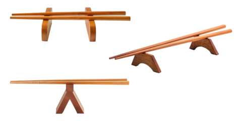 Collection of Wooden Chopsticks placed on stand isolated on background, Asian tableware eating utensils to lift food.