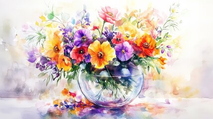 A vibrant watercolor painting of a floral bouquet in a glass vase showcases a medley of colorful flowers, perfect for spring and home decor inspiration.
