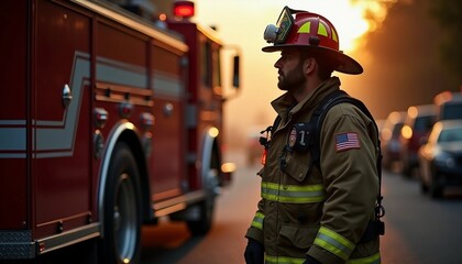 Portrait of a firefighter at the scene next to a fire truck.