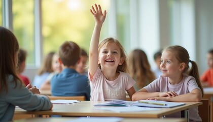 Fototapeta na wymiar In a bright, modern classroom, a focused student raises their hand, highlighting eagerness to learn in a symmetrical, engaging composition.