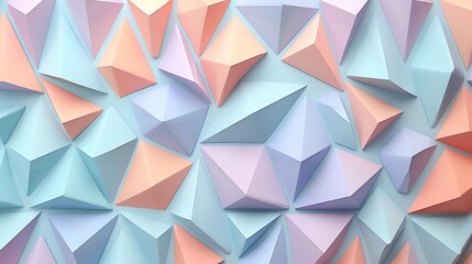 Obraz premium Randomly arranged triangles in pastel colors, soft hues of lavender, mint, peach, and pink, abstract and geometric design, hd quality, light and airy feel, whimsical and delicate. --ar 16:9 --v 6.