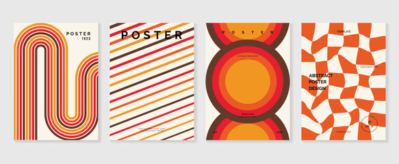 Collection of 70s poster background vector. Set of retro wall decoration, groovy, trippy, colorful line. Vintage hippie wall art for interior, decorative, banner, cover, card.