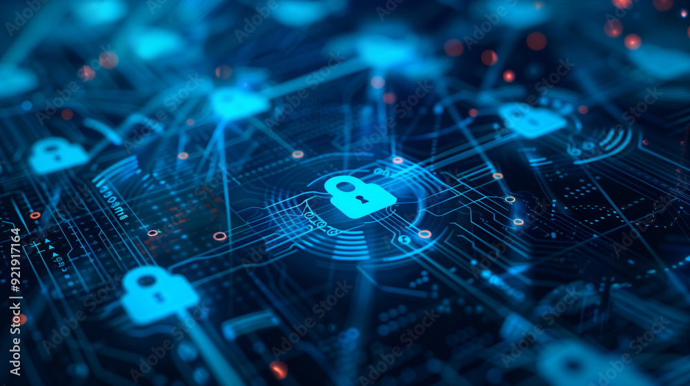 Poster concept of identity and access management with visual elements like secure login screens, biometric 