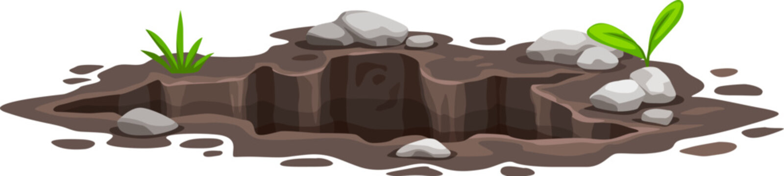 Ground hole, deep dirty pit and burrow in soil or mud surface. Isolated cartoon vector muddy crevice with rocks and greenery. Environmental natural gap on the lawn, meadow, farm, forest or garden