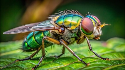 A close-up of a greenhead fly, also known as a horse fly, perches on a leaf with its vibrant green eyes and striped body visible.
