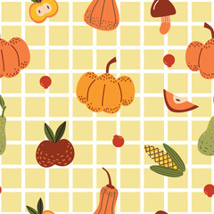 Seamless pattern of pumpkins and fall vegetables. Autumn harvest elements on yellow grid background.
