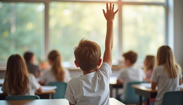 In a bright, modern classroom, a focused student raises their hand, highlighting eagerness to learn in a symmetrical, engaging composition.
