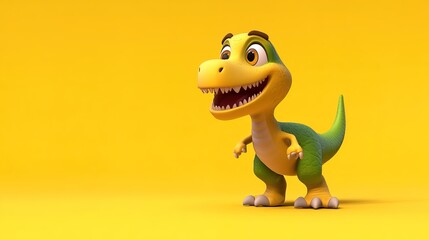 Fototapeta premium 3D cartoon happy dinosaur character standing on a yellow background 