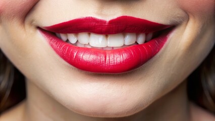 Fototapeta premium A close-up of a person's lips curled upwards in a relaxed, gentle, and subtle smile, forming a soft, rounded, and slightly asymmetrical mouth shape.