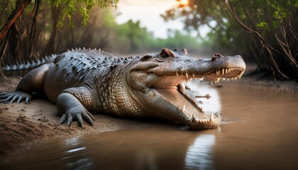Naklejka premium crocodile basking on the muddy banks of a river