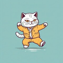 Fototapeta premium Adorable Pastel Kitten Illustration: A Playful, Dancing Feline Cartoon with a Vibrant, Colorful Background, Showcasing a Cute Kitty with Swag and Singing Charms in Soft, Gentle Hues