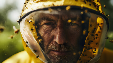 A series of close-up portraits of beekeepers, with protective gear and bees hovering around, capturing the delicate relationship between human and nature.


