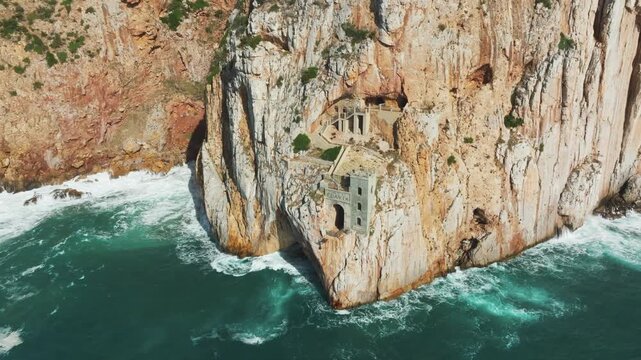 Exploring Porto Flavia: Aerial Views of the Historic Mining Port in Sardinia, Italy, During Spring.