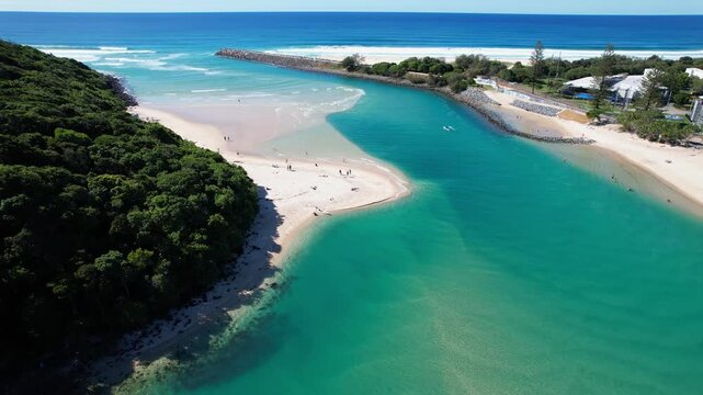 Tourists At The Shore Of Woody&rsquo;s Beach In Burleigh Heads, Queensland, Australia. Aerial Drone Shot