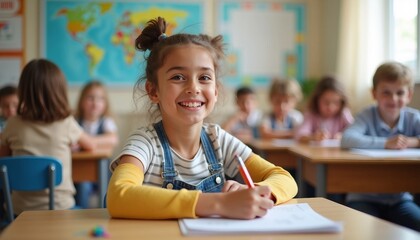 Fototapeta premium In a bright classroom, an elementary student smiles warmly at their desk, surrounded by engaged classmates in a cozy setting.